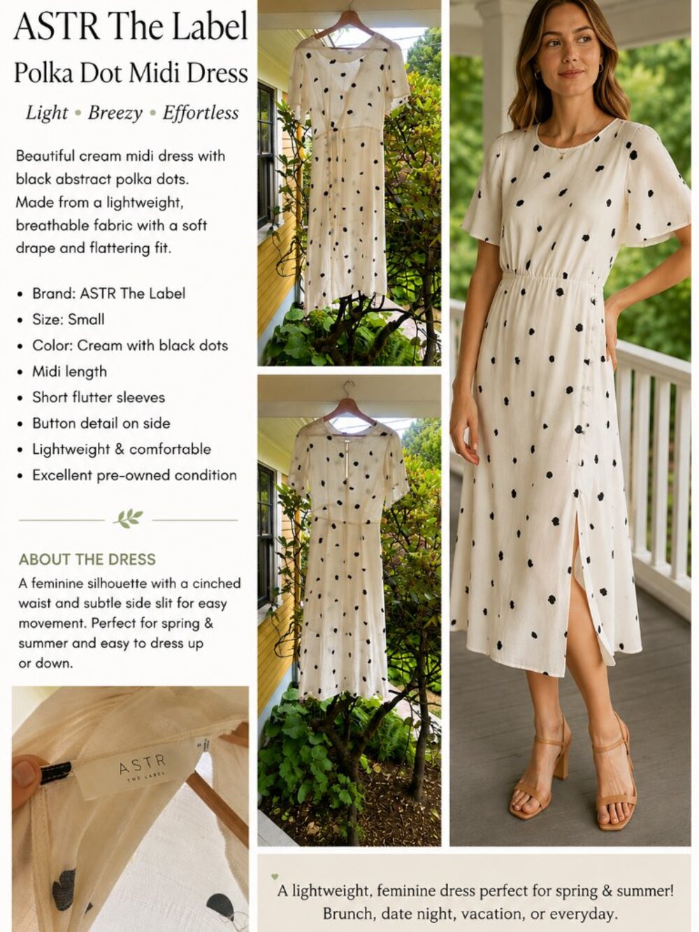 ASTR The Label Cream & Black Polka Dot Midi Dress | Size Small